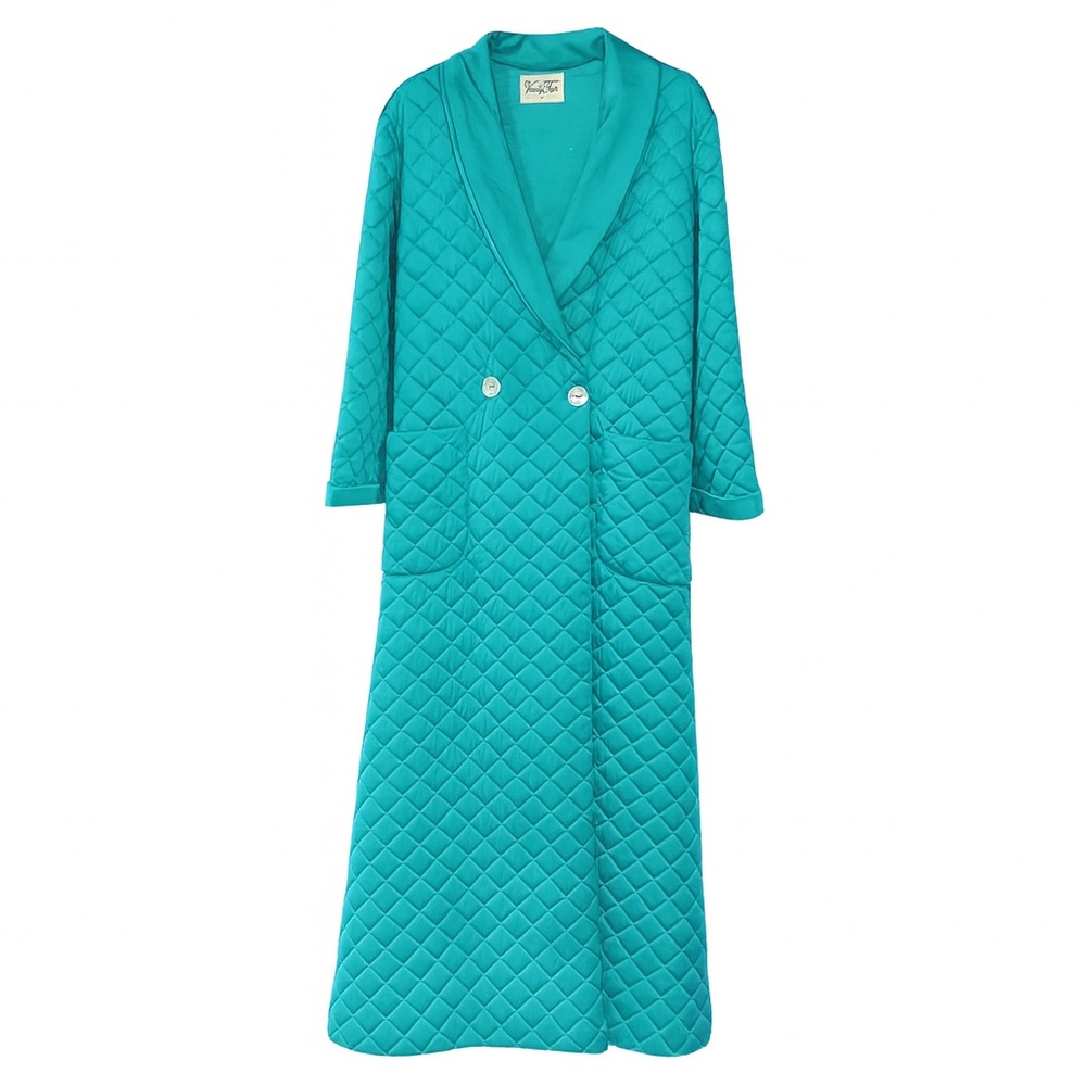 VTG Vanity Fair Women’s 70’s Quilted Nylon Robe 14 Teal Green Long Buttons